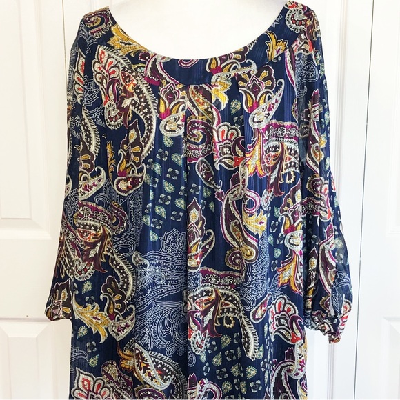 Sara Michelle 3X Navy Multi Metallic Paisley Boho Print 3/4 Sleeve Blouse - Picture 1 of 16